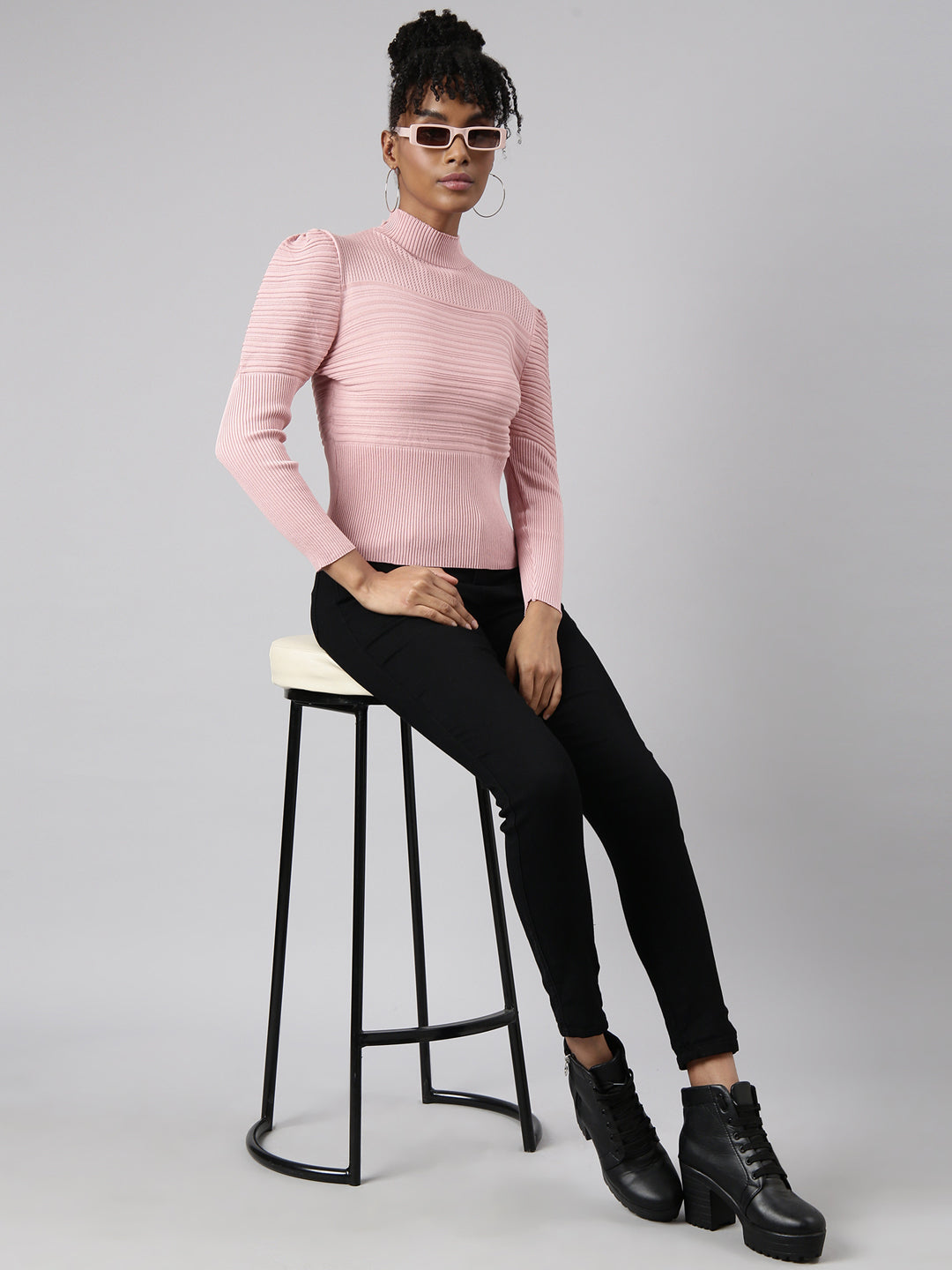 Women's Pink High Neck Puff Sleeve Top