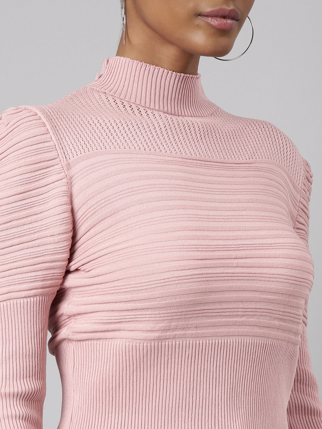 Women's Pink High Neck Puff Sleeve Top