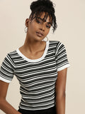 Women's Round Neck Striped Regular Sleeves Fitted White Crop Top