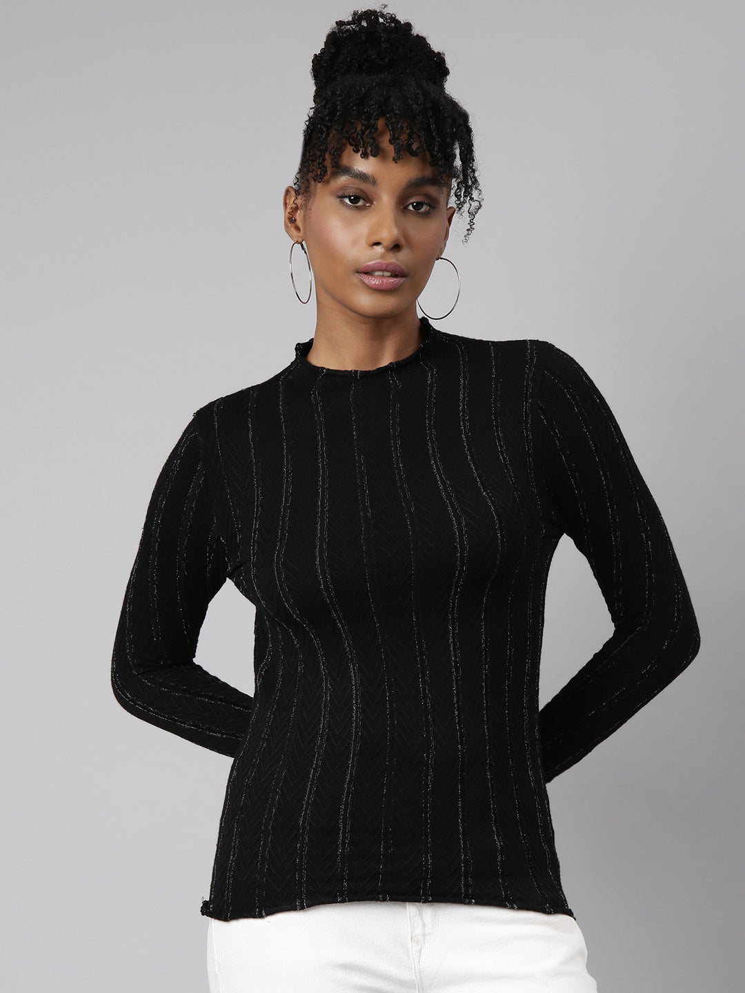 Women's Black Self Design High Neck Fitted Top