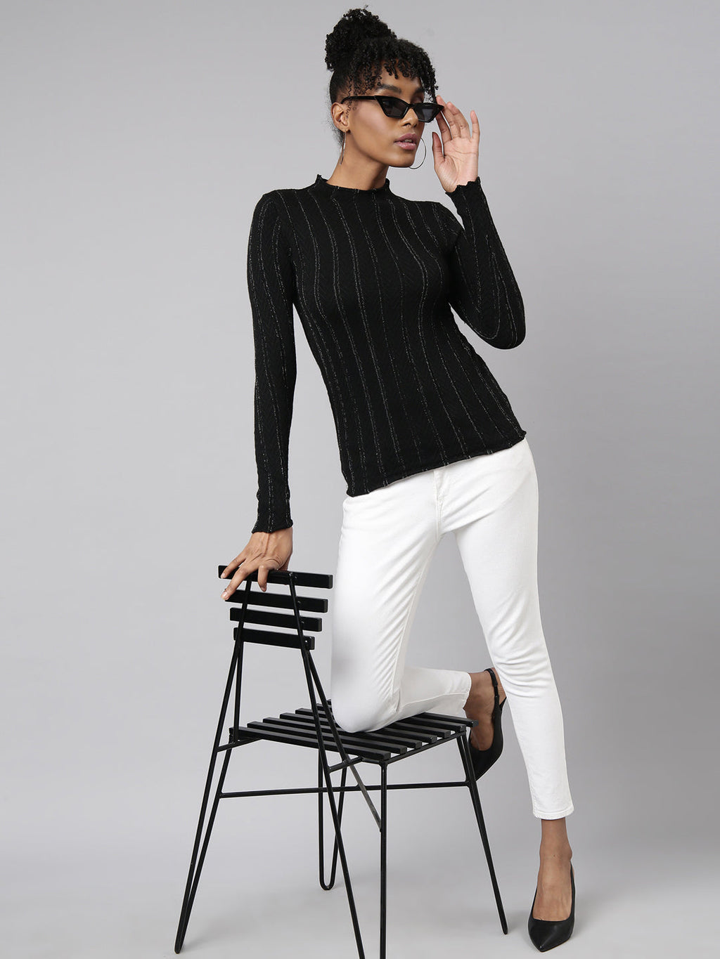 Women's Black Self Design High Neck Fitted Top