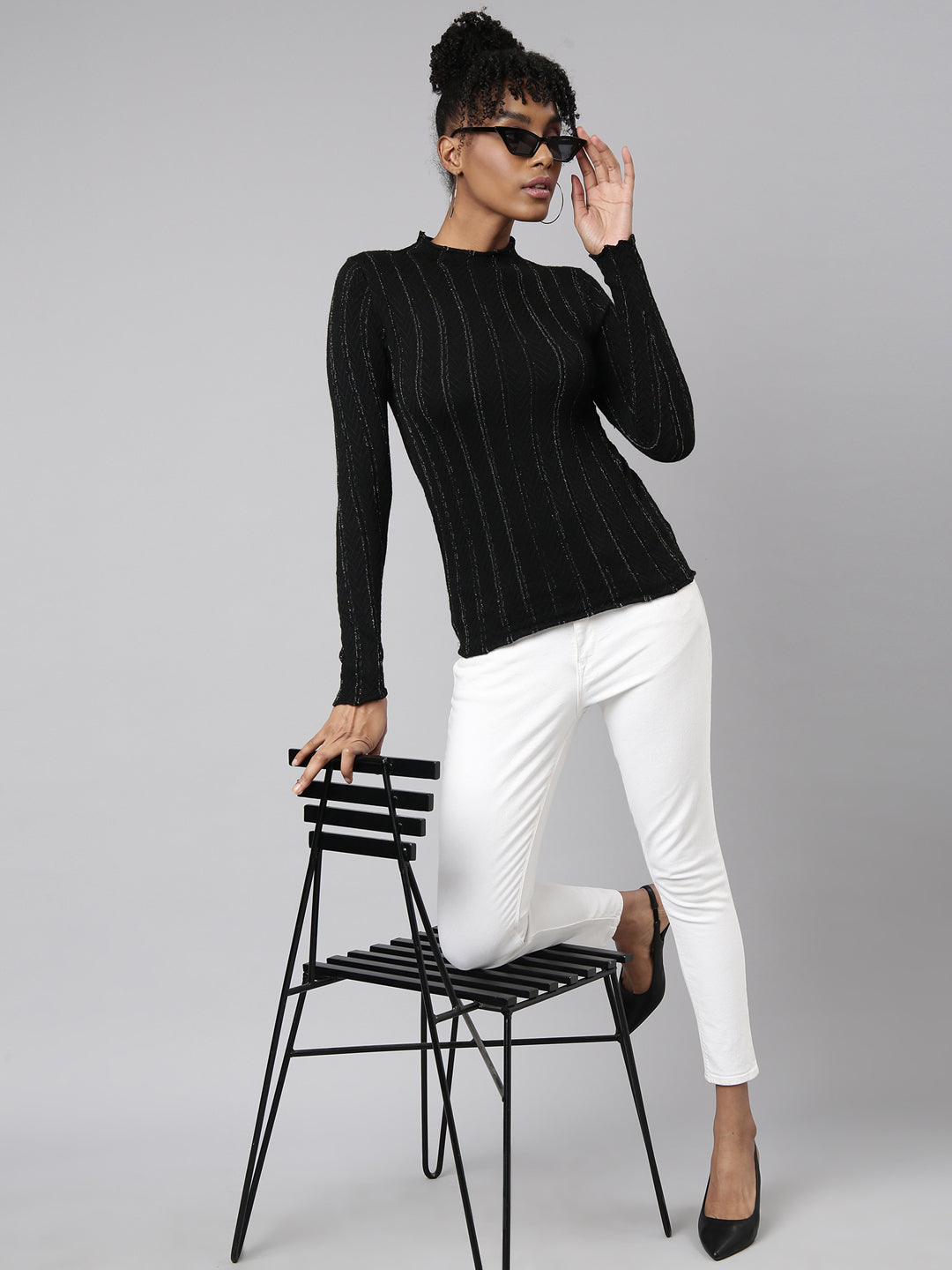 Women's Black Self Design High Neck Fitted Top