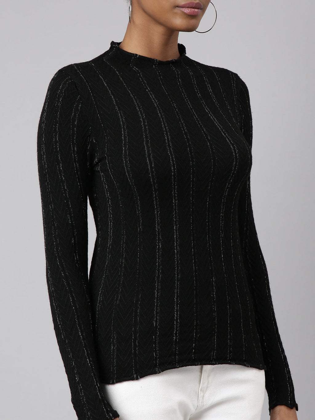 Women's Black Self Design High Neck Fitted Top