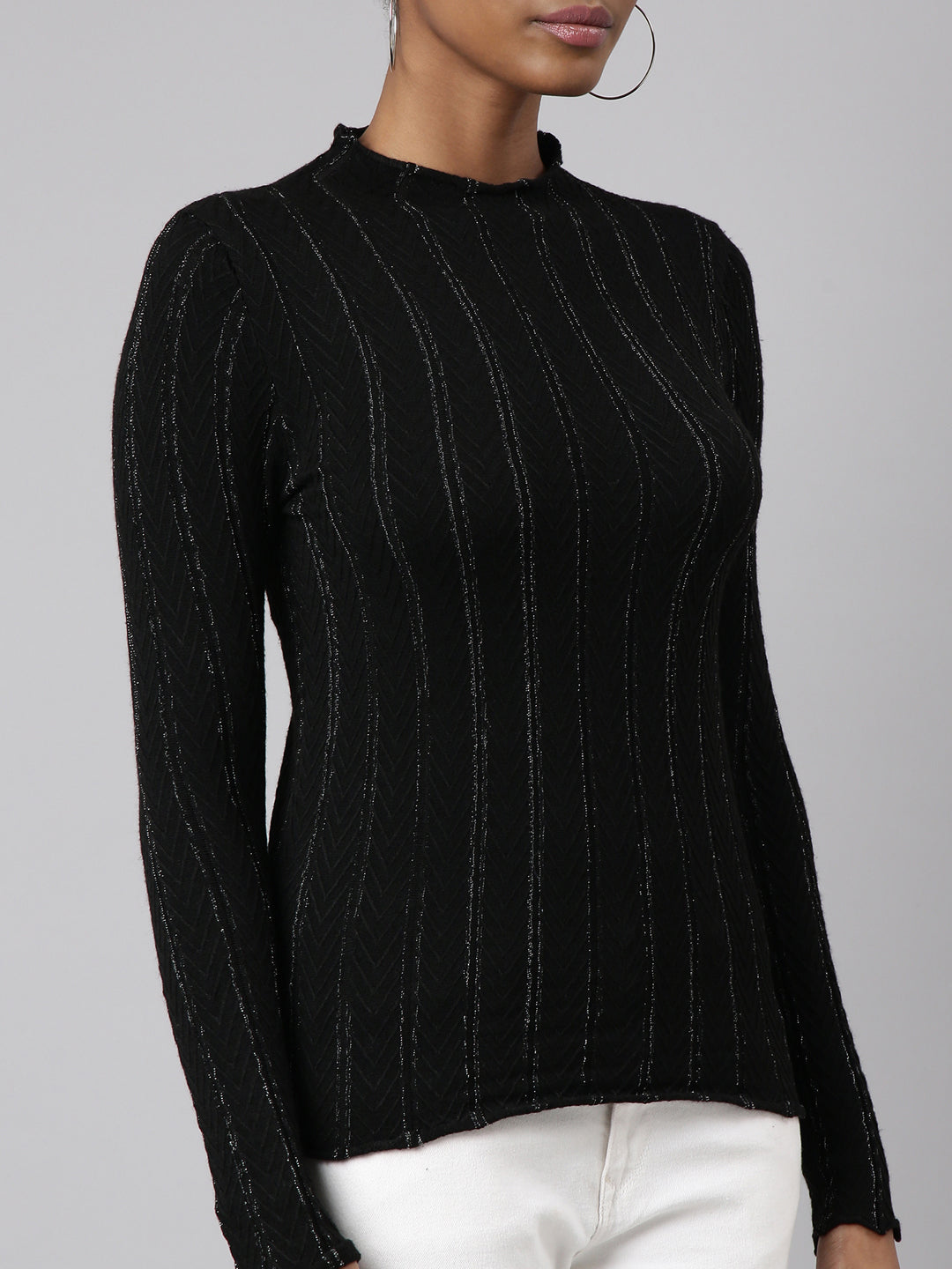 Women's Black Self Design High Neck Fitted Top