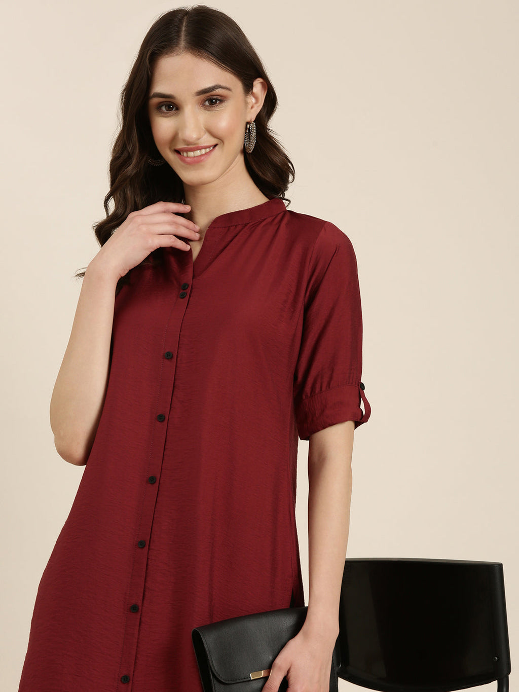 Women's Maroon Mandarin Collar Straight Kurta