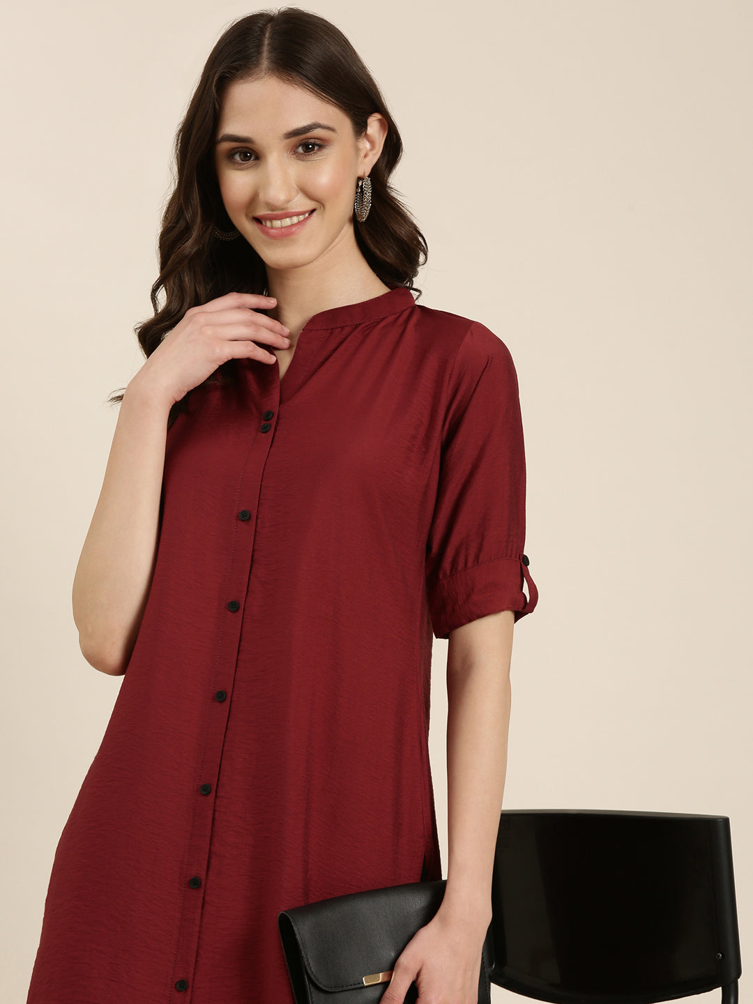Women's Maroon Mandarin Collar Straight Kurta