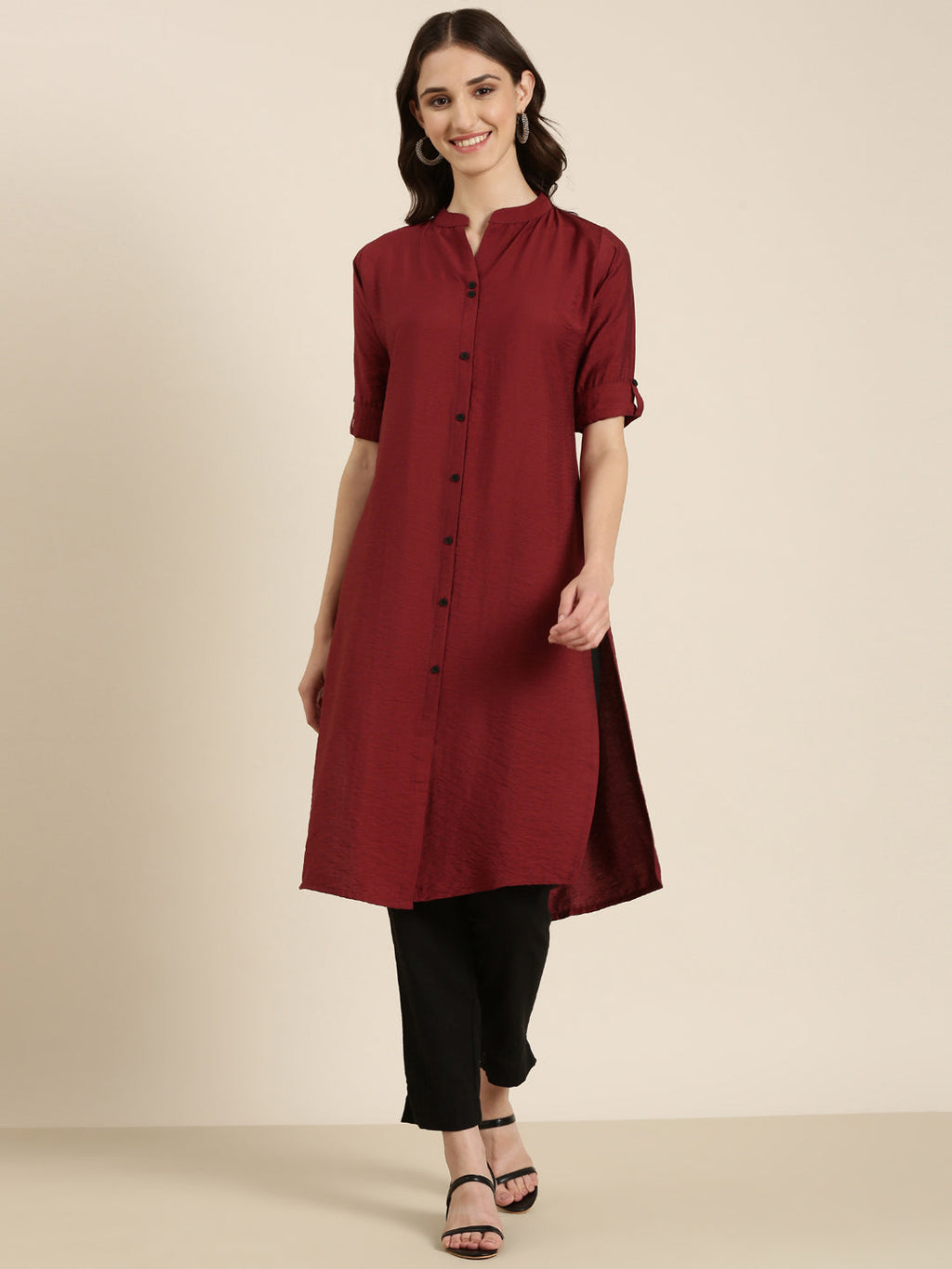 Women's Maroon Mandarin Collar Straight Kurta