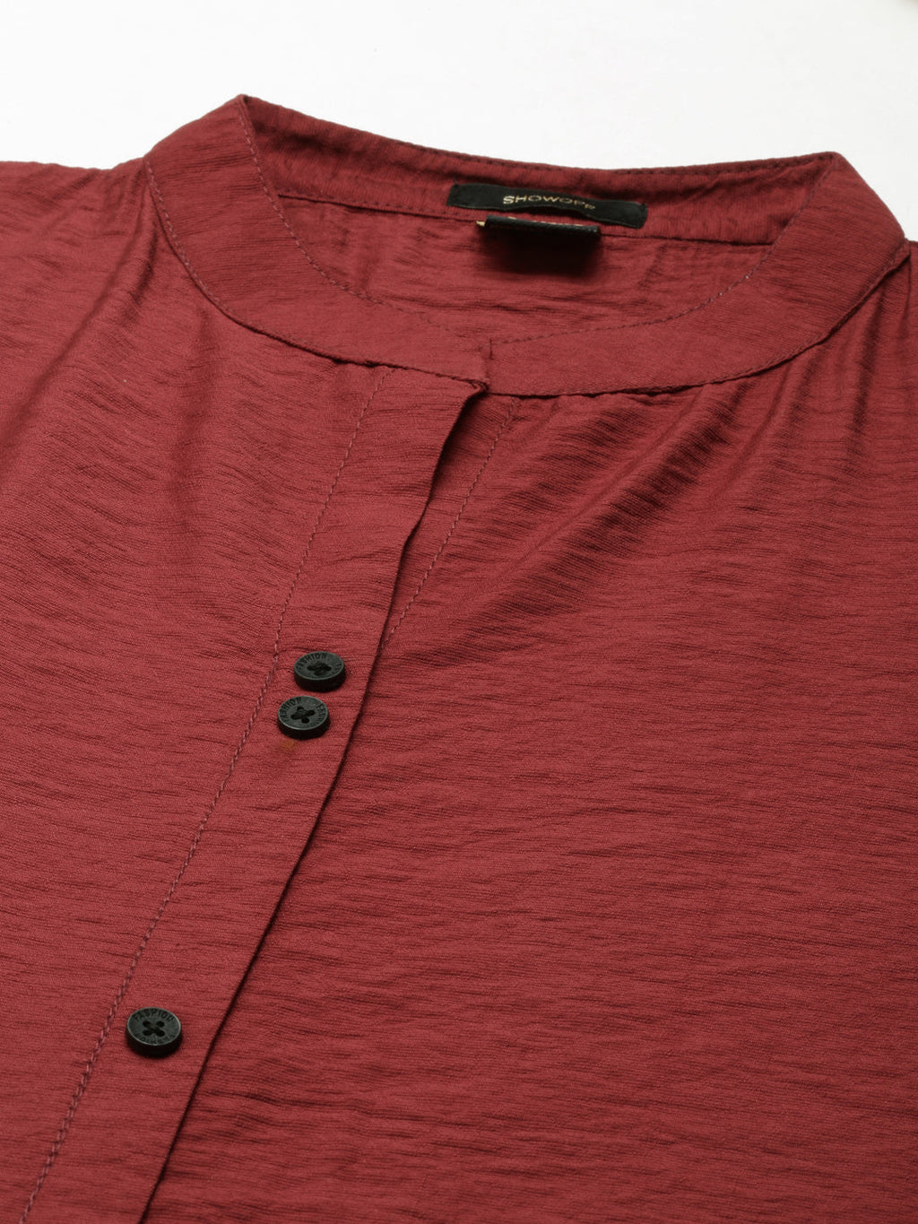 Women's Maroon Mandarin Collar Straight Kurta