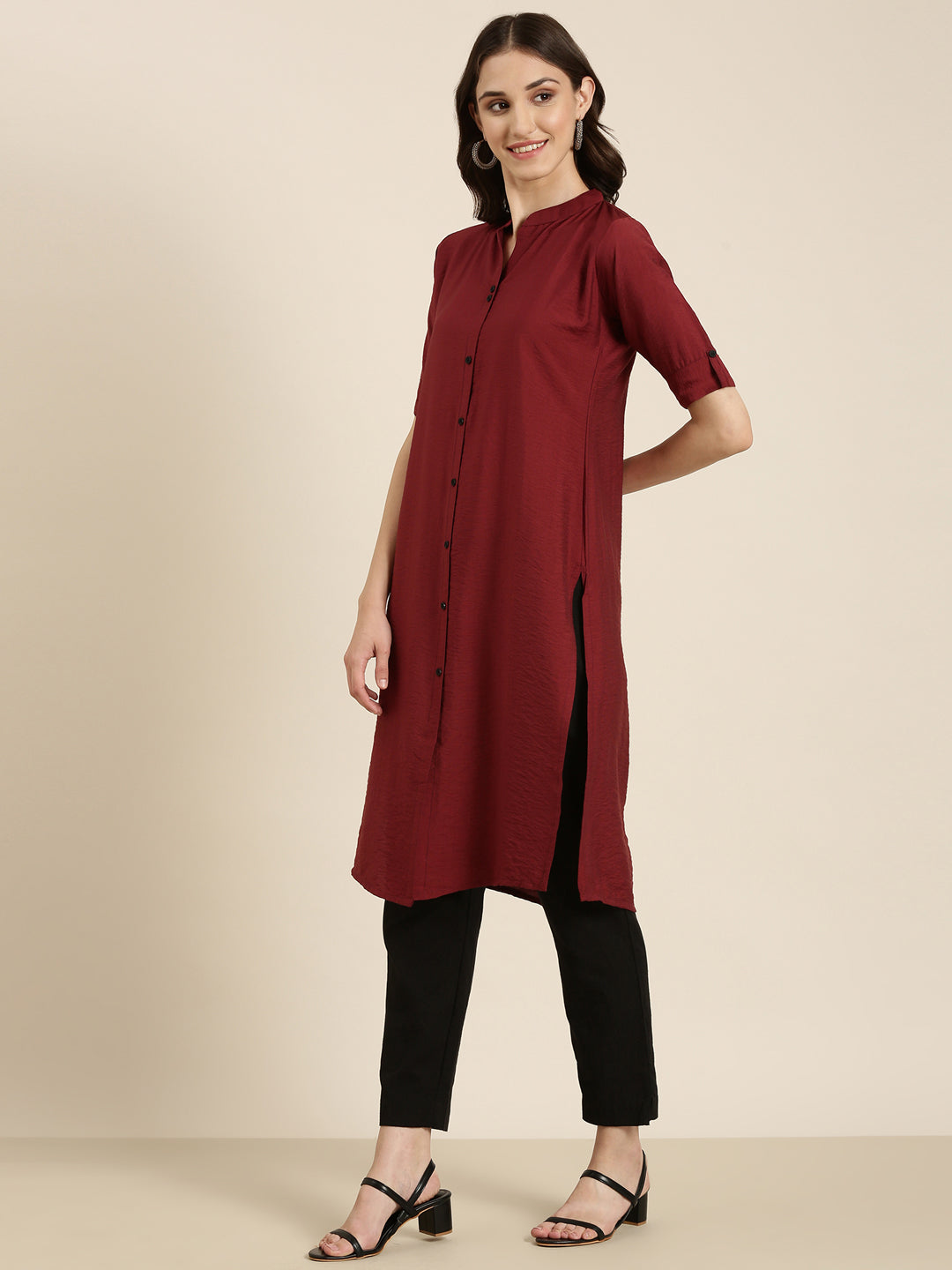 Women's Maroon Mandarin Collar Straight Kurta