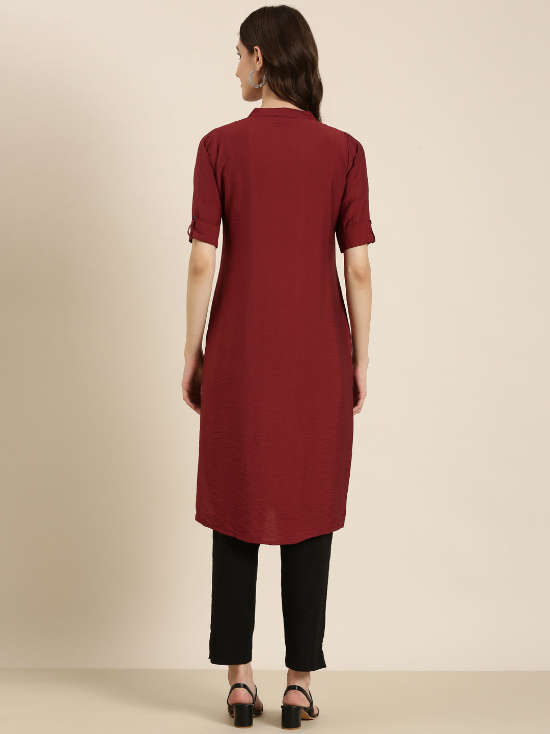 Women's Maroon Mandarin Collar Straight Kurta
