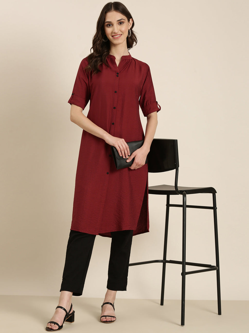 Women's Maroon Mandarin Collar Straight Kurta