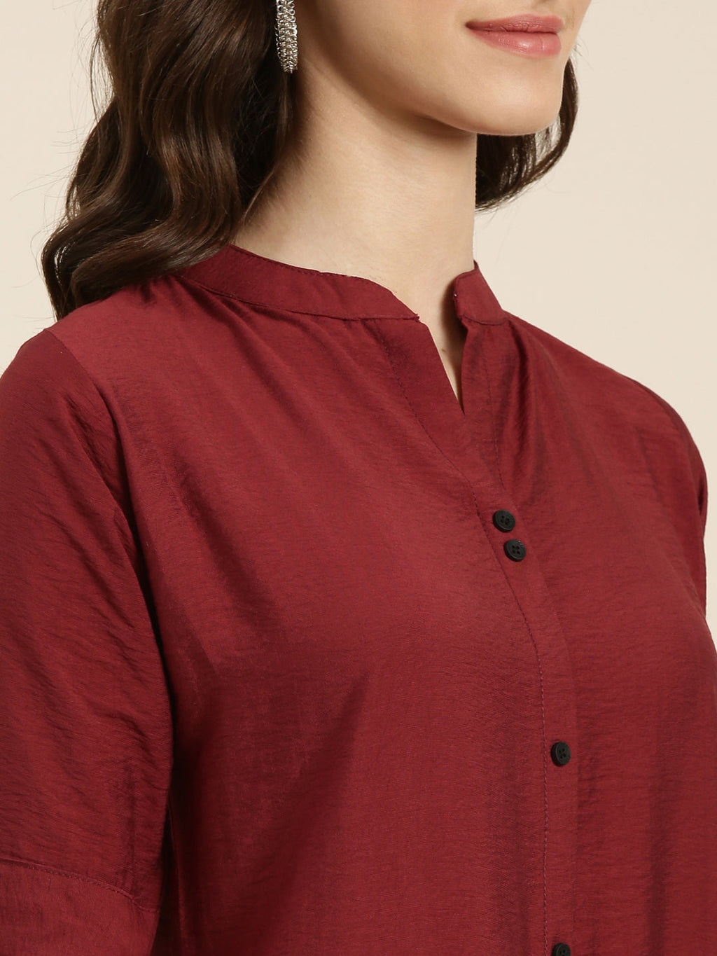 Women's Maroon Mandarin Collar Straight Kurta