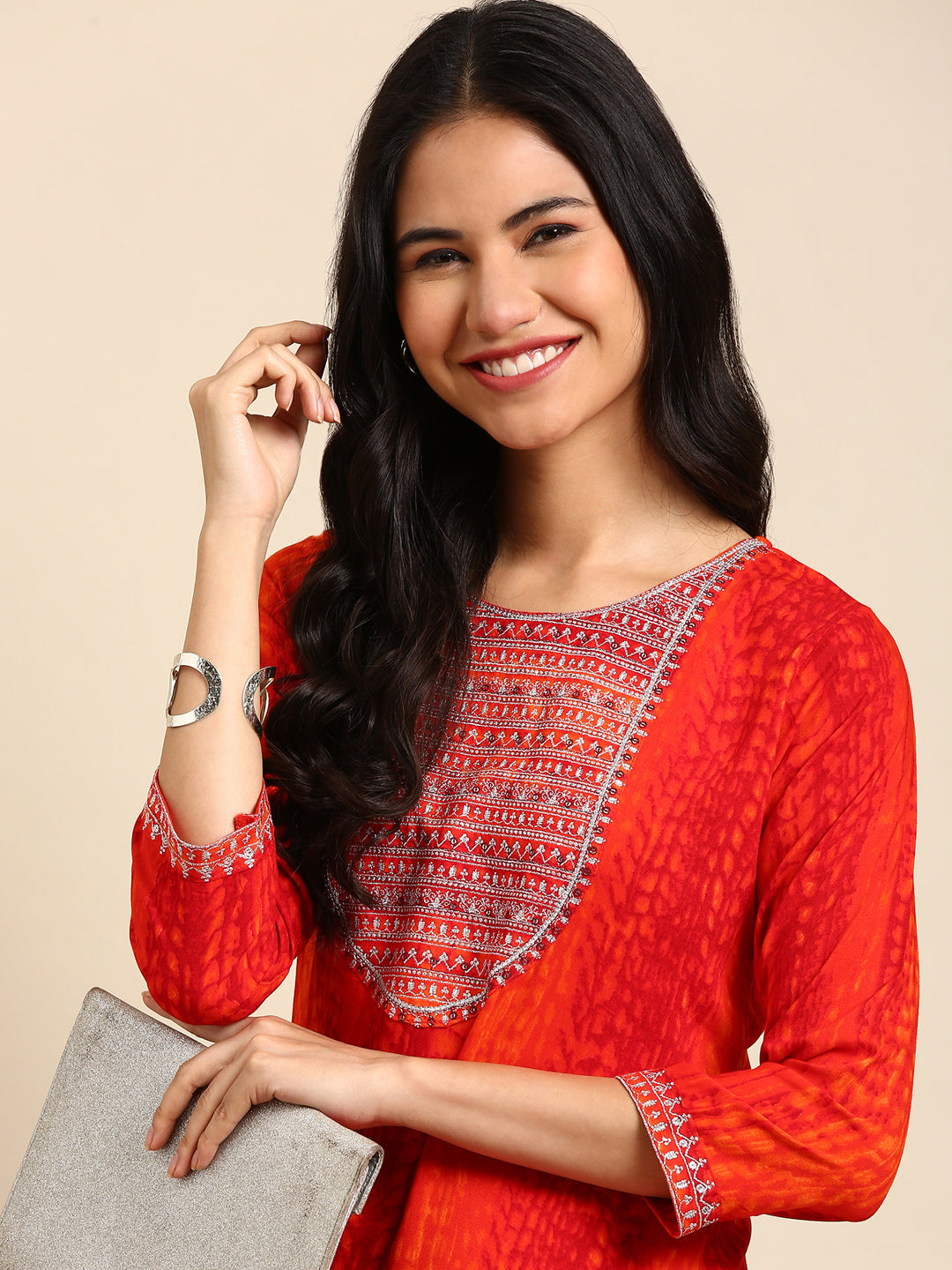 Women's Orange Abstract Printed Straight Kurta