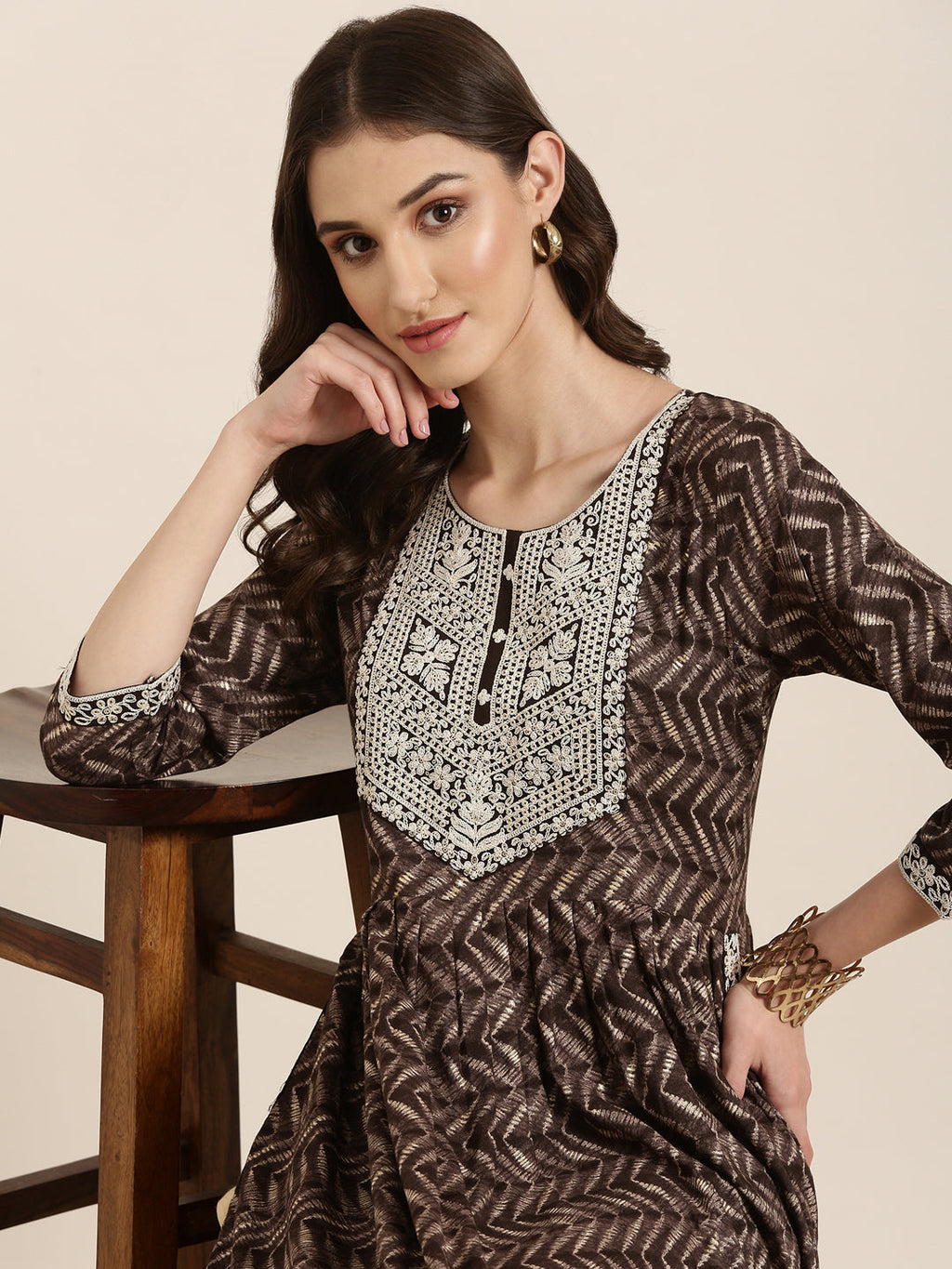 Women's Taupe Geometric Printed Thread Work Anarkali Kurta