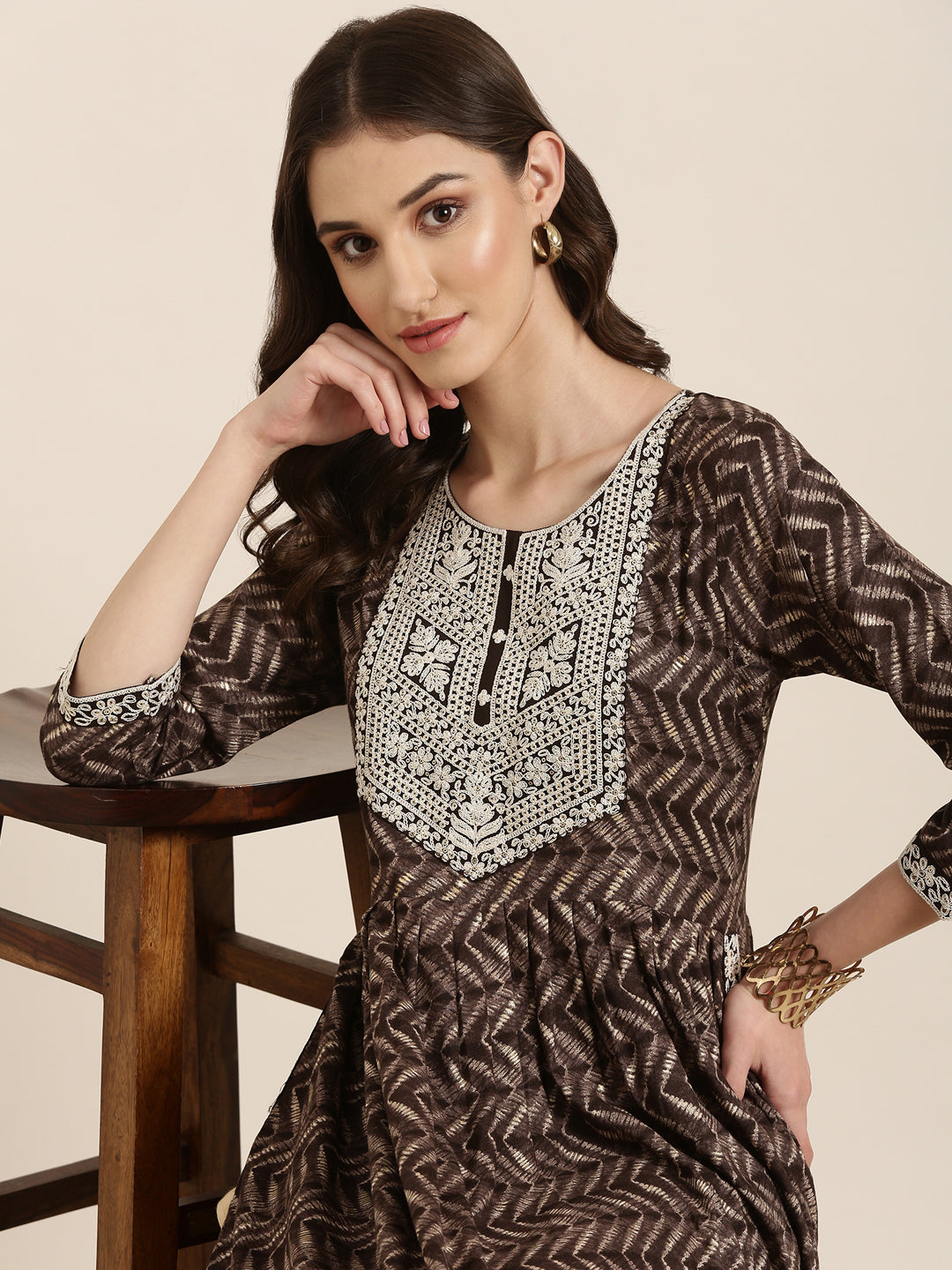 Women's Taupe Geometric Printed Thread Work Anarkali Kurta