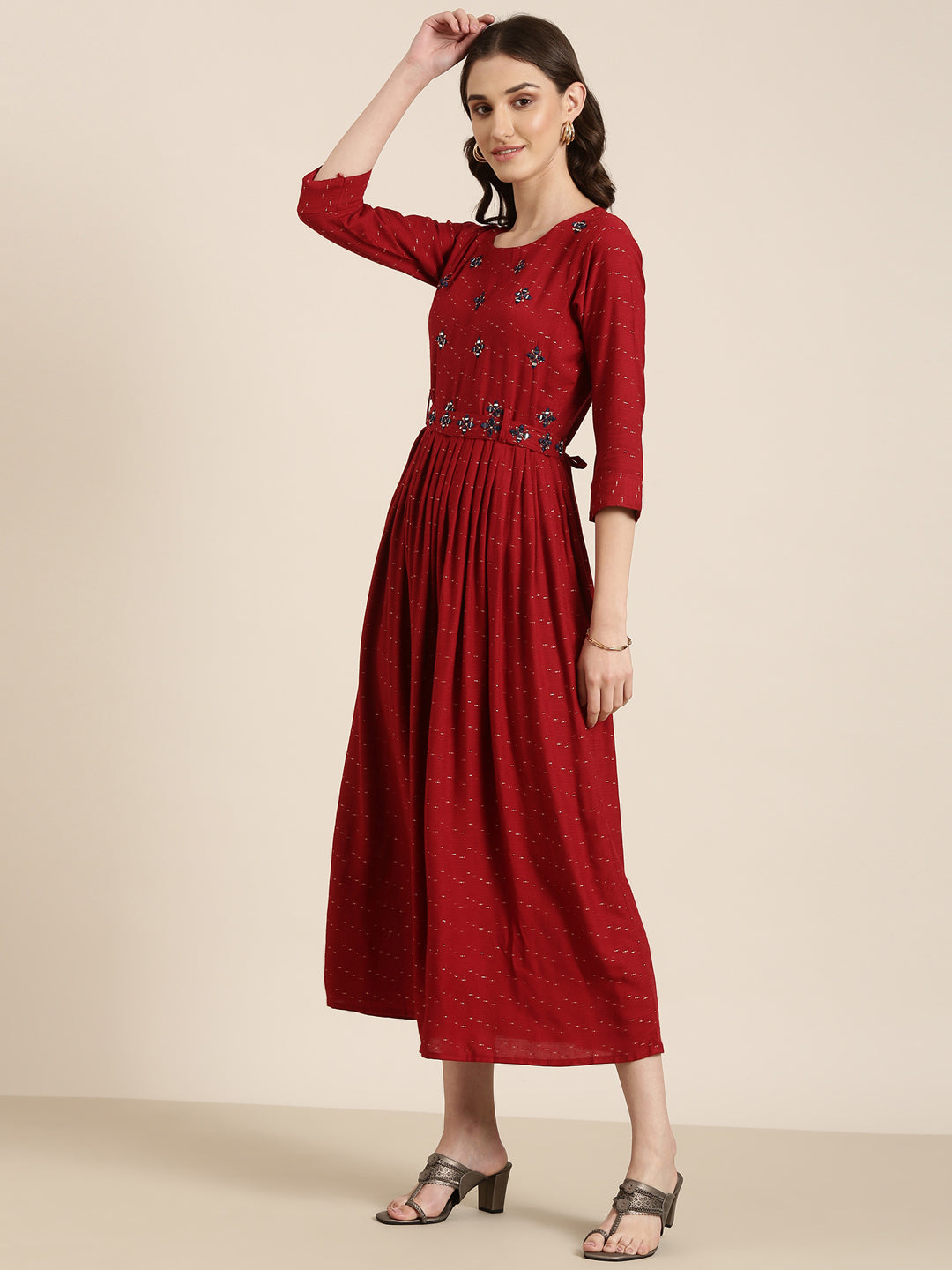 Women's Maroon Floral Embroidered Cotton Fit & Flare Kurta