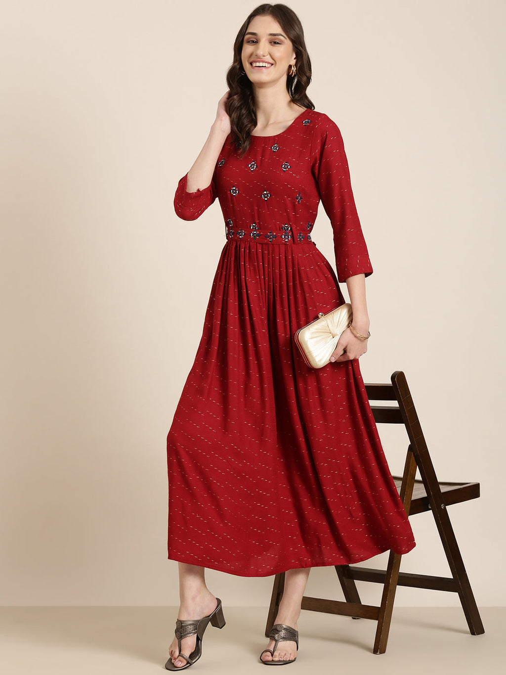 Women's Maroon Floral Embroidered Cotton Fit & Flare Kurta