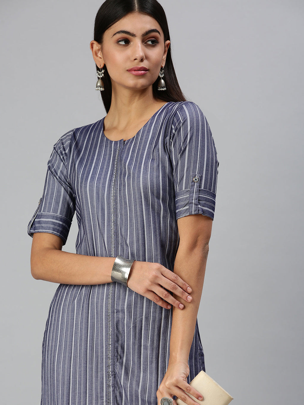 Women's Navy Blue Striped Straight Thread Work Kurta