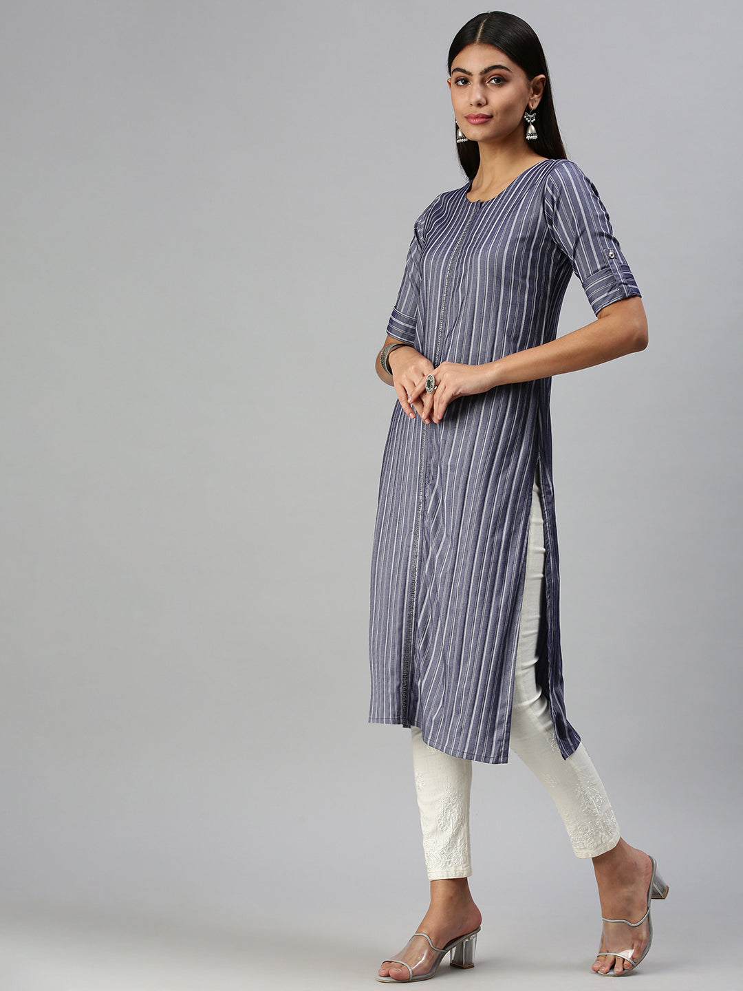 Women's Navy Blue Striped Straight Thread Work Kurta