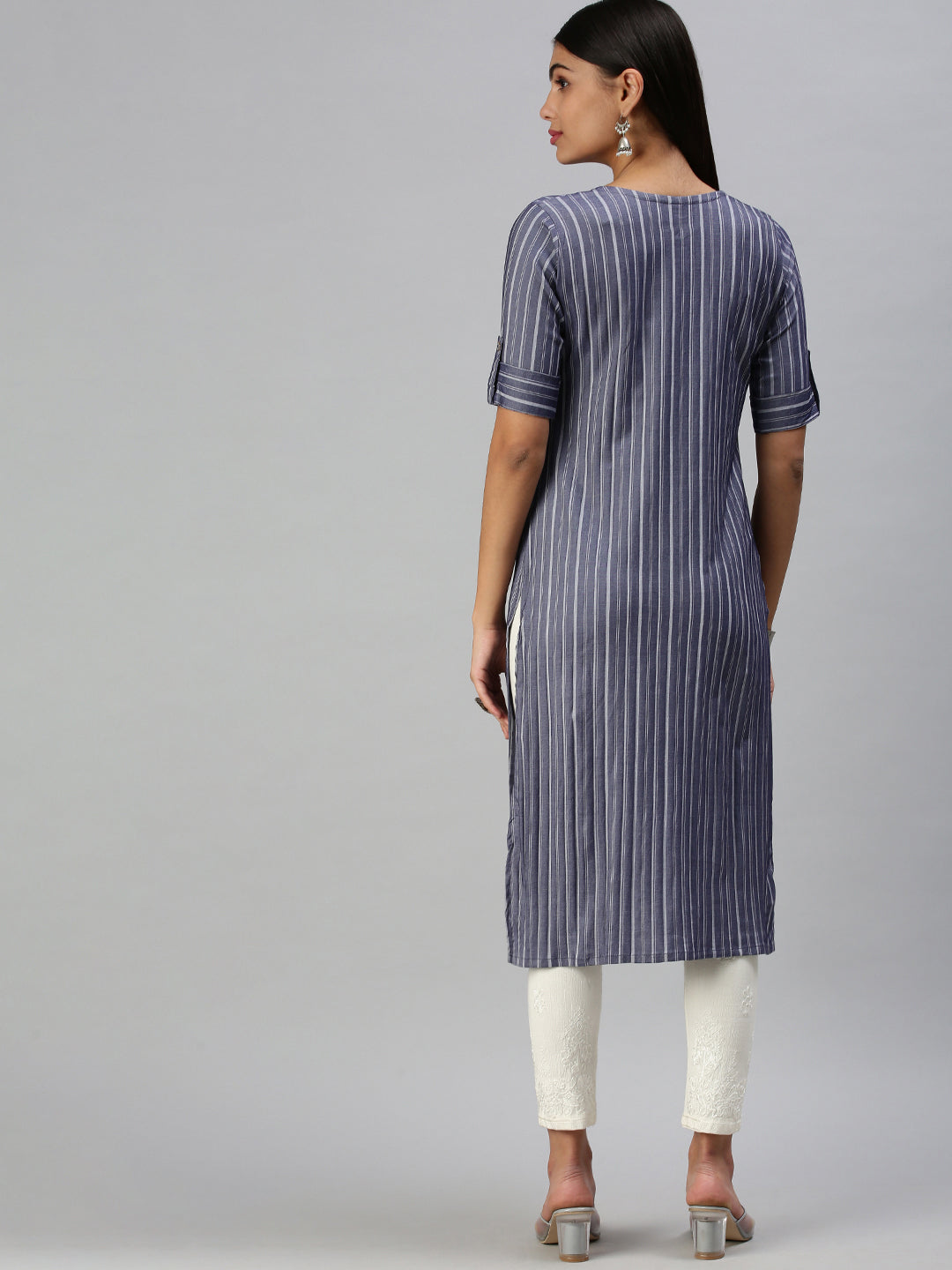 Women's Navy Blue Striped Straight Thread Work Kurta