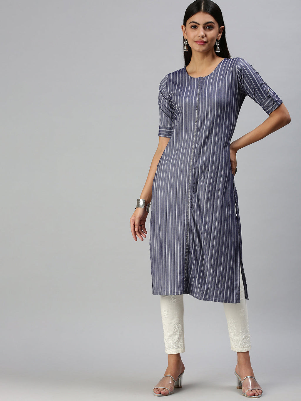 Women's Navy Blue Striped Straight Thread Work Kurta