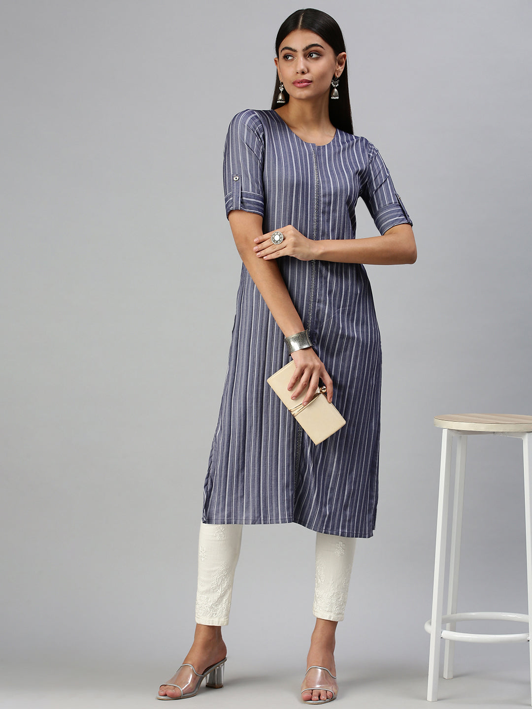 Women's Navy Blue Striped Straight Thread Work Kurta