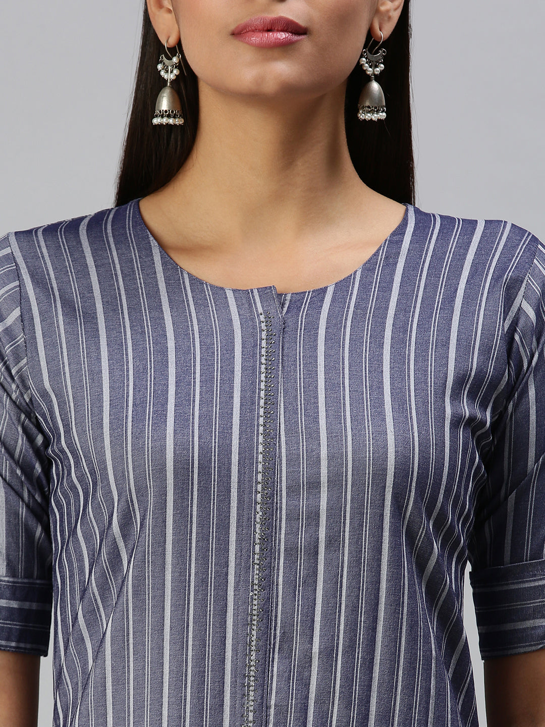 Women's Navy Blue Striped Straight Thread Work Kurta