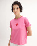 Rareism Women's Somger Pink Cotton Blend Crew Neck Embroidered Regular Fit T-Shirt