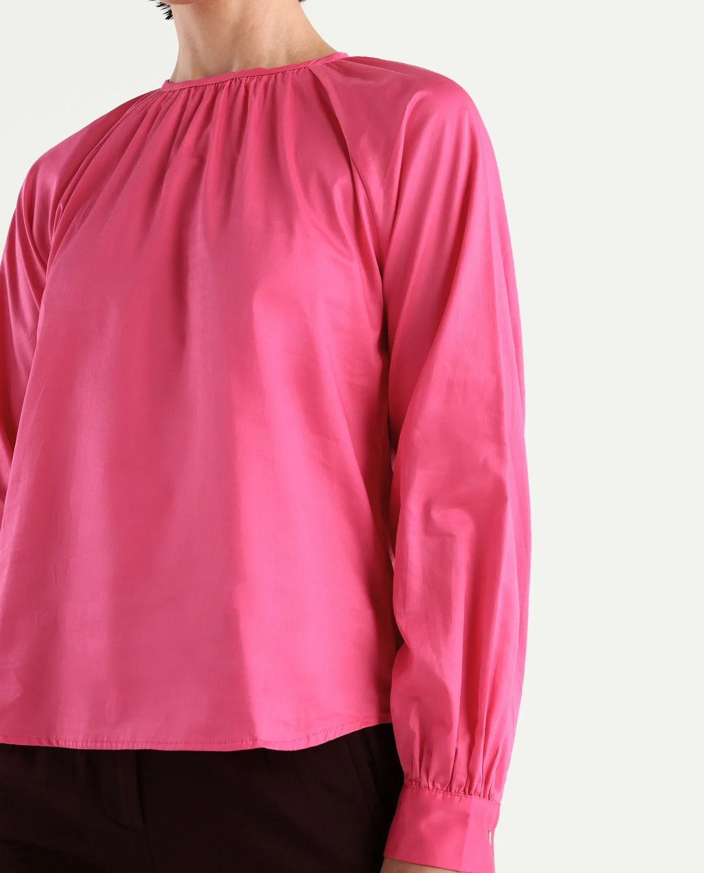 Rareism Women's Somree Pink Cotton Round Neck Plain Cuffed Sleeve Relaxed Fit Top