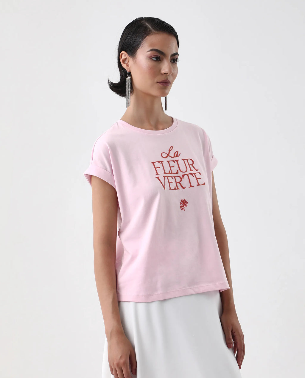 Rareism Women's Somrit Light Pink Cotton Crew Neck Graphic Print Extended Sleeves Regular Fit T-Shirt