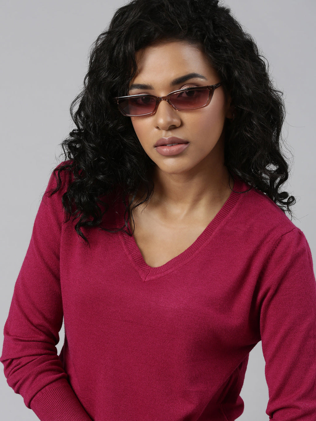 Women's Fuchsia V-Neck Regular Top