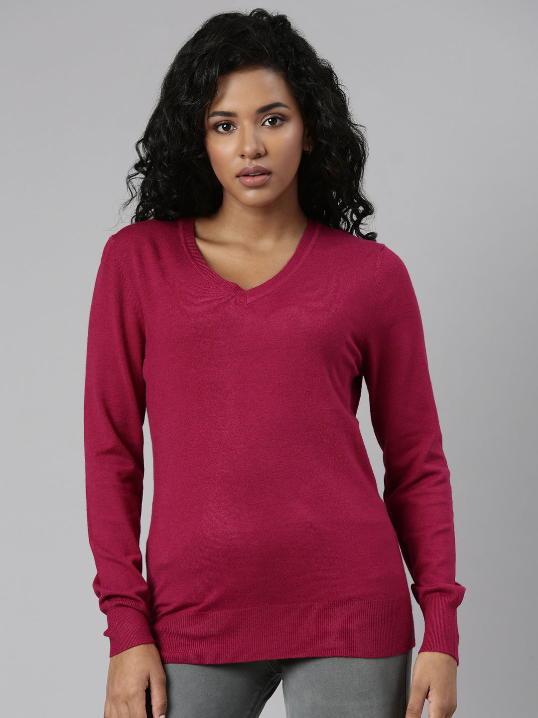 Women's Fuchsia V-Neck Regular Top