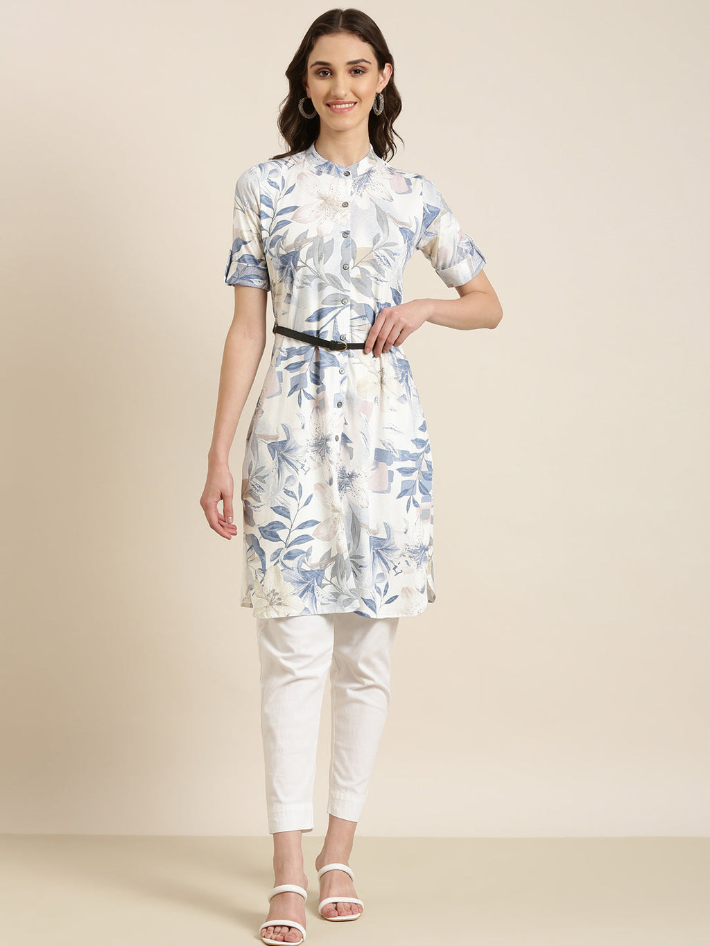 Women's White Floral Printed Belted Detail A-Line Kurta