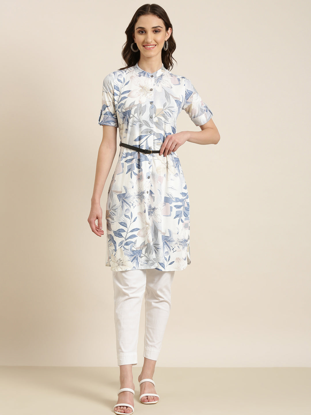 Women's White Floral Printed Belted Detail A-Line Kurta