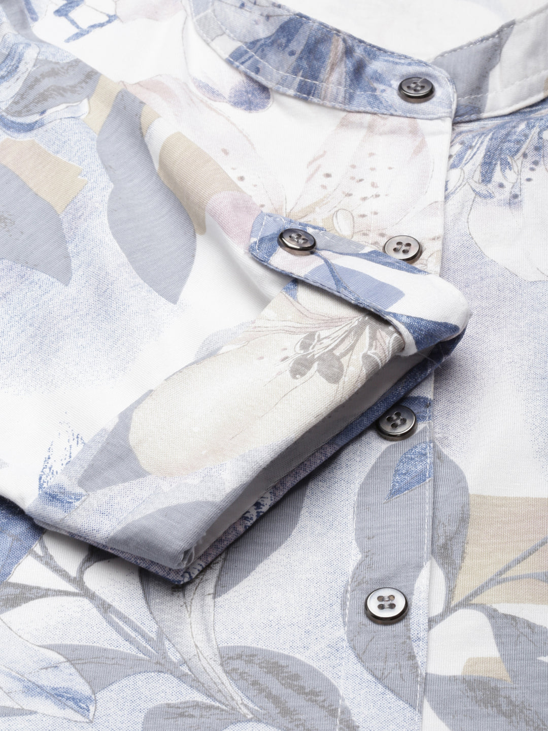 Women's White Floral Printed Belted Detail A-Line Kurta