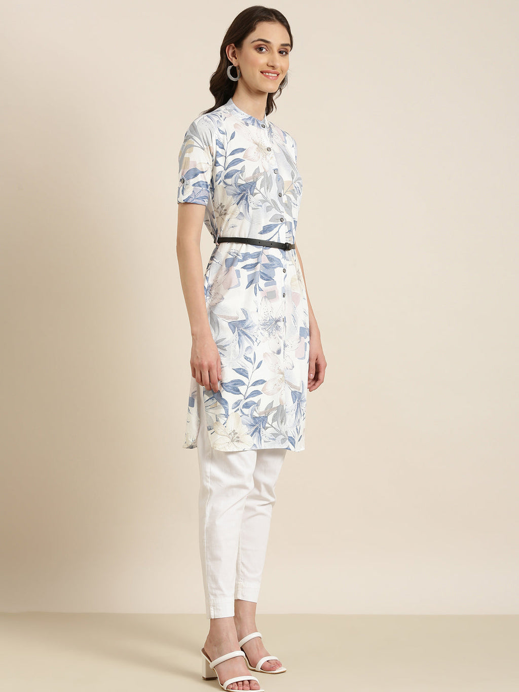 Women's White Floral Printed Belted Detail A-Line Kurta