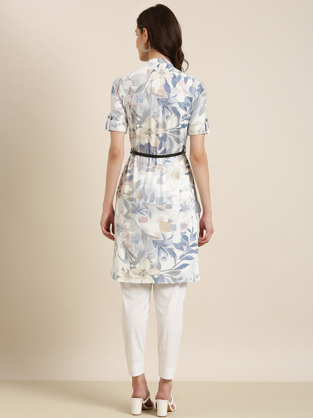 Women's White Floral Printed Belted Detail A-Line Kurta