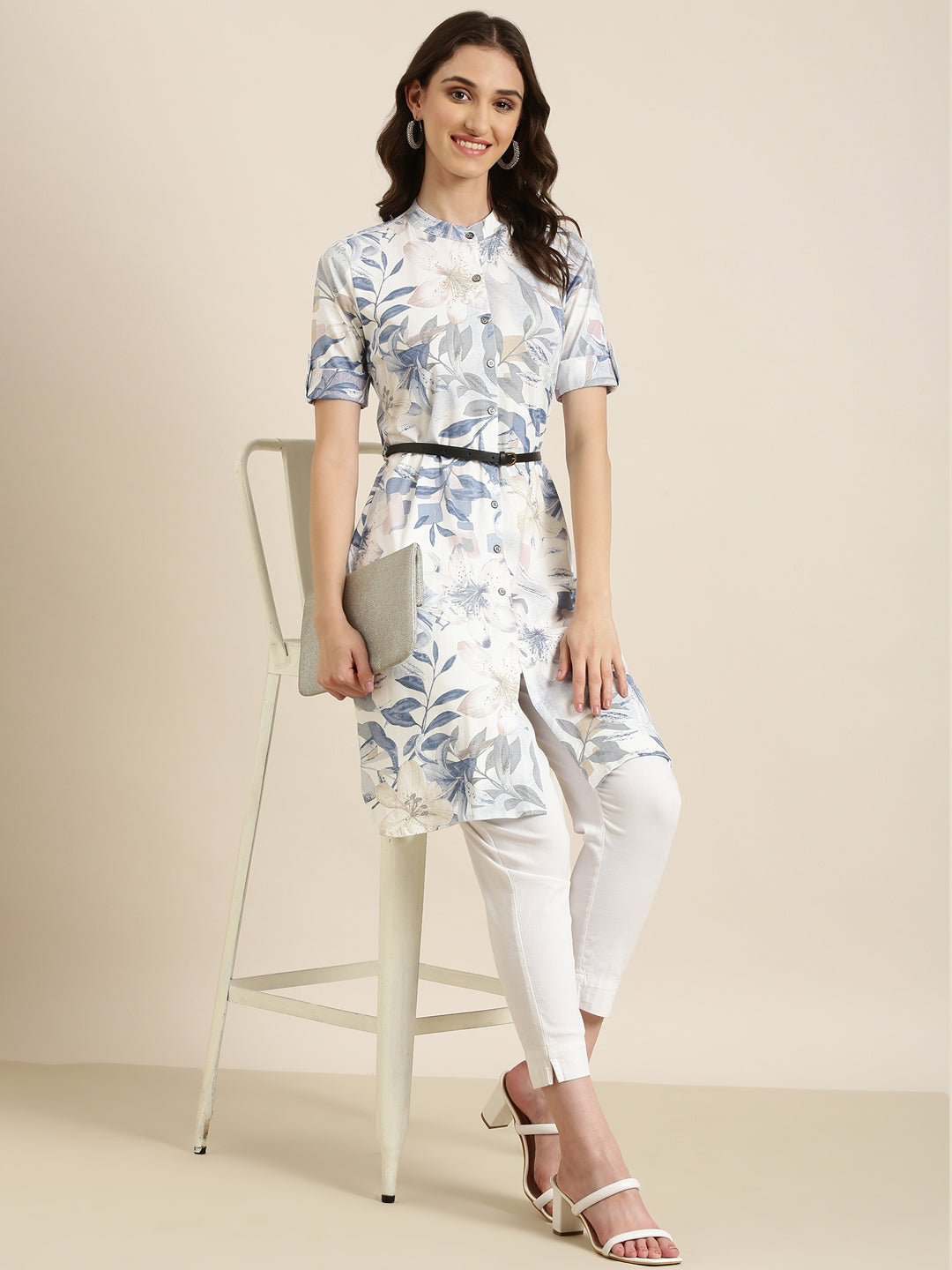Women's White Floral Printed Belted Detail A-Line Kurta