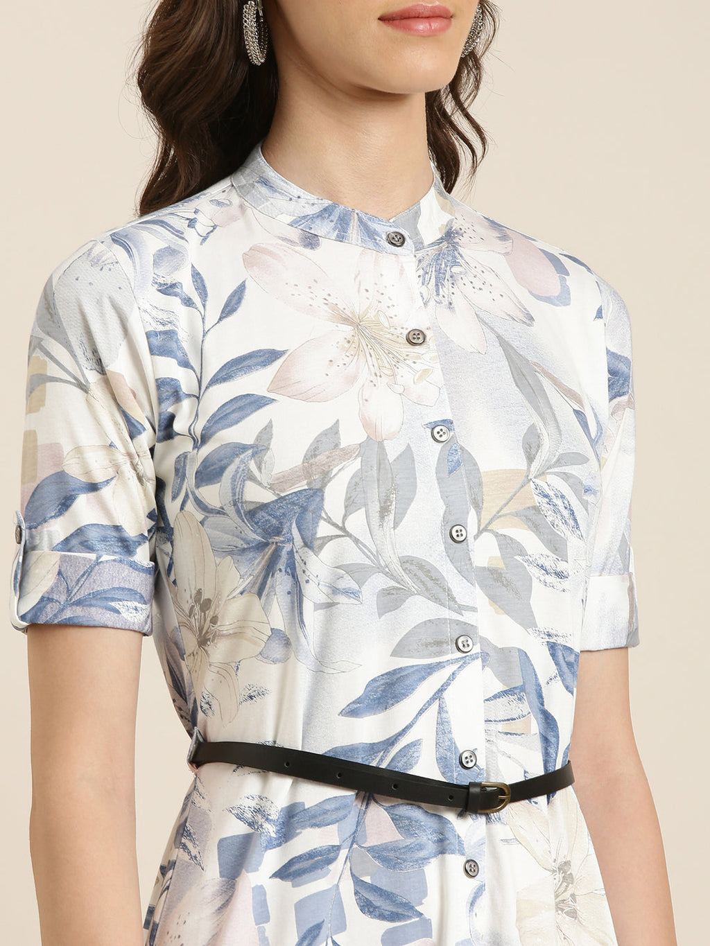 Women's White Floral Printed Belted Detail A-Line Kurta