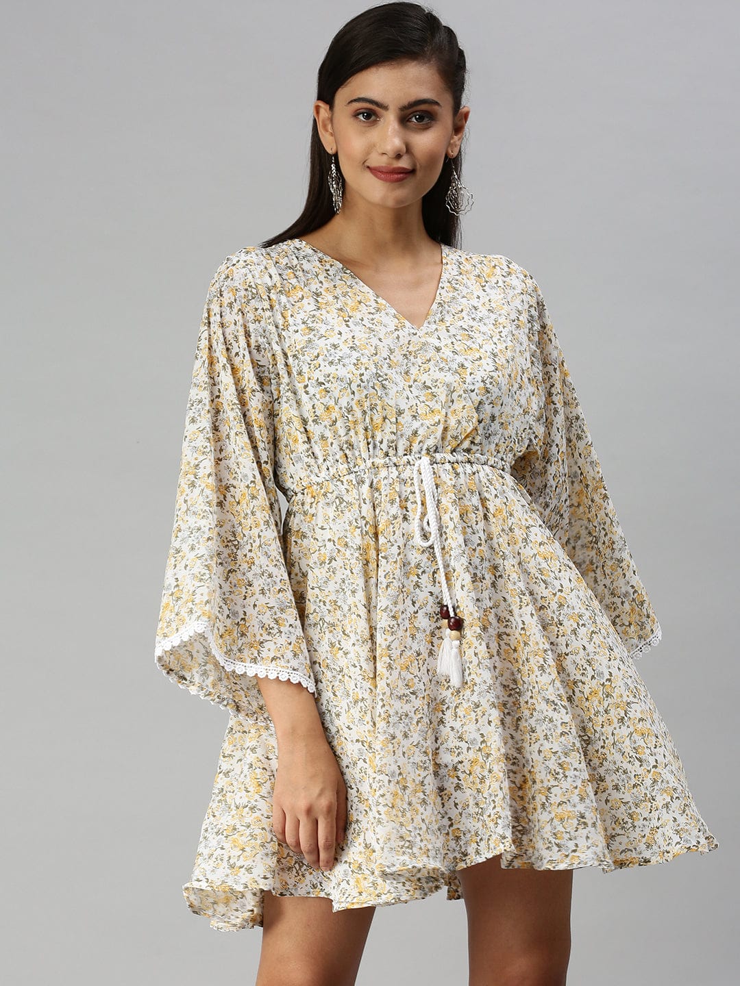 Women's V-Neck Printed Kaftan White Dress