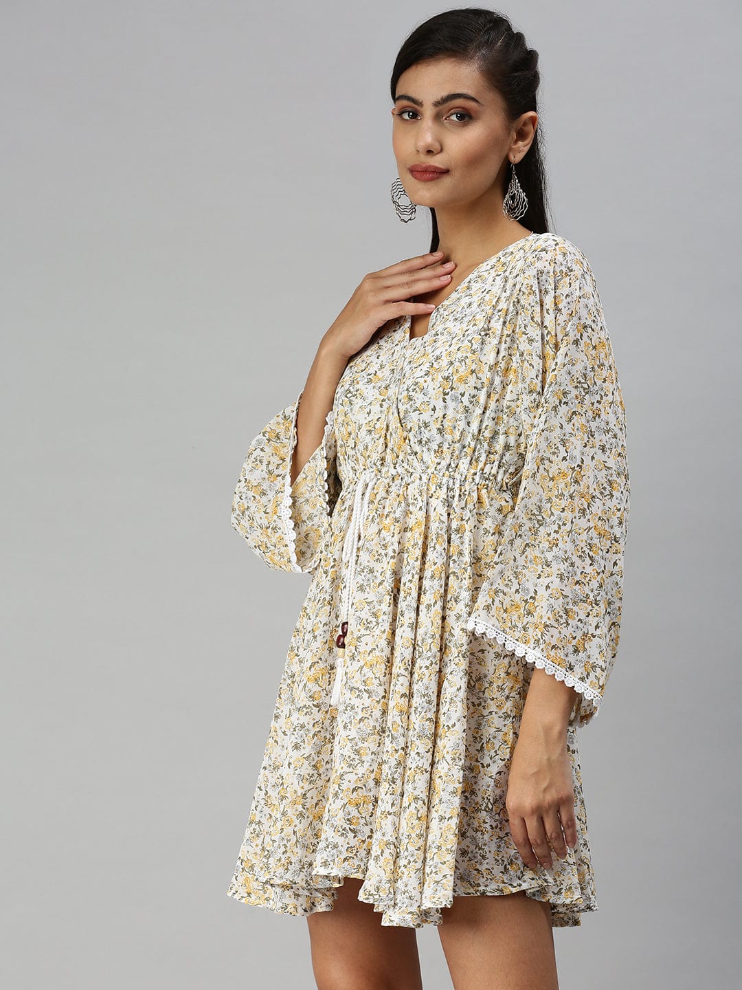 Women's V-Neck Printed Kaftan White Dress