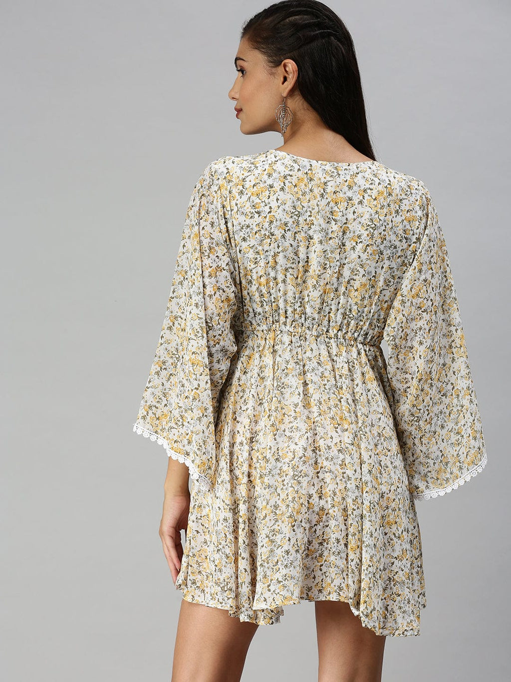 Women's V-Neck Printed Kaftan White Dress
