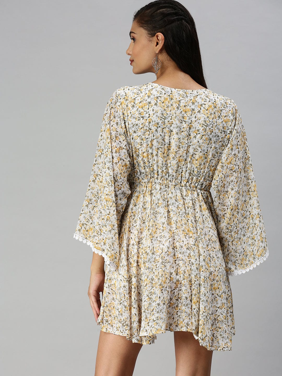 Women's V-Neck Printed Kaftan White Dress