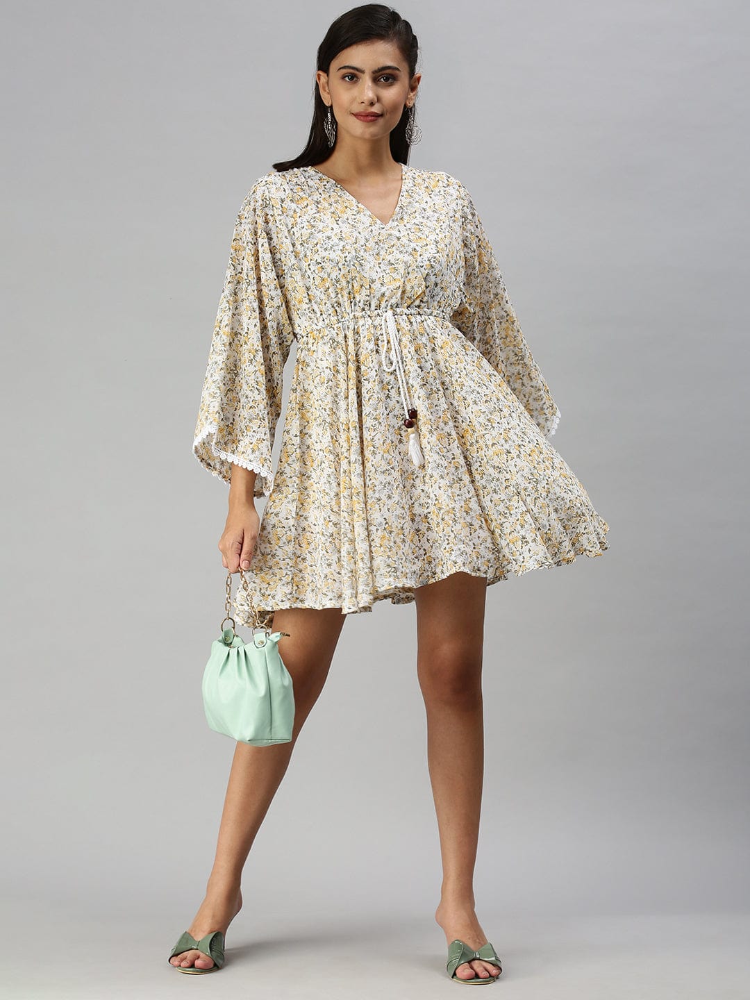 Women's V-Neck Printed Kaftan White Dress