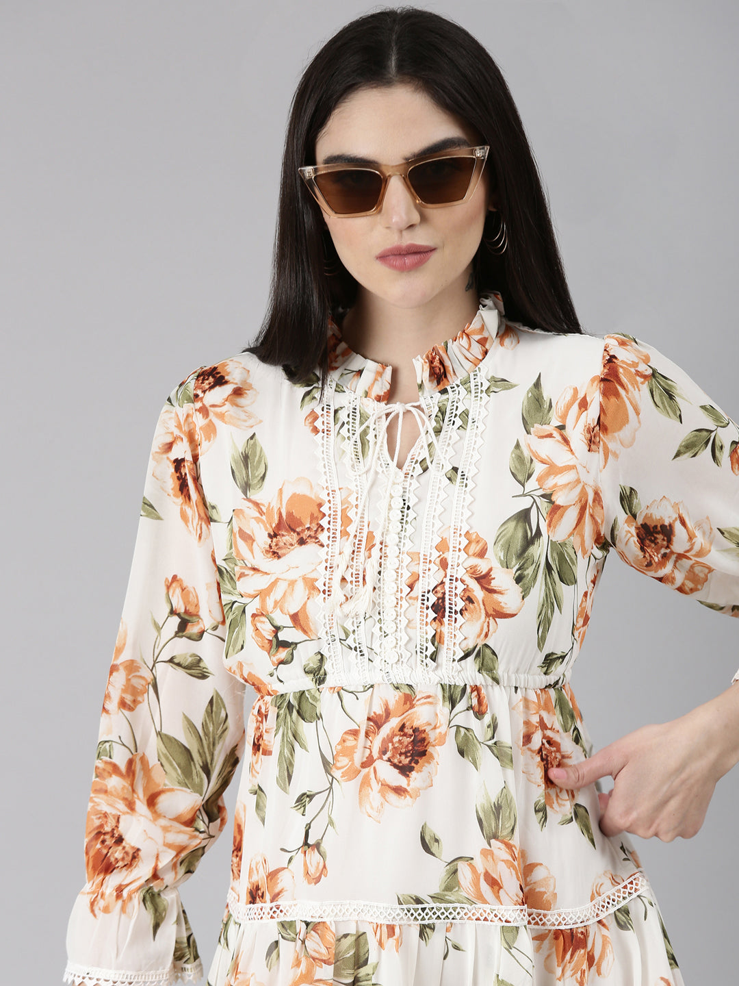 Women's Off White Floral Print Tie-Up Neck Fit & Flare Dress