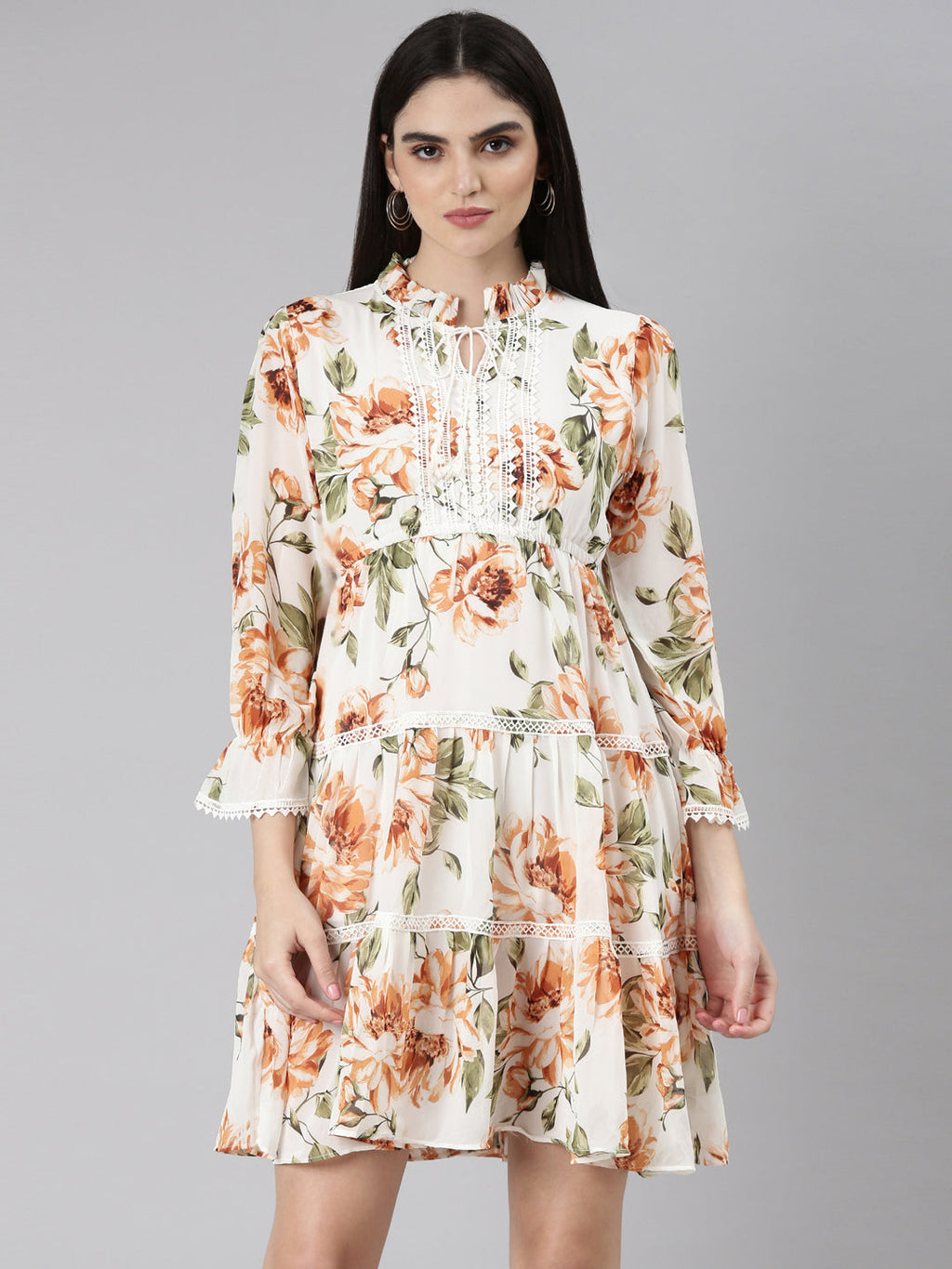 Women's Off White Floral Print Tie-Up Neck Fit & Flare Dress