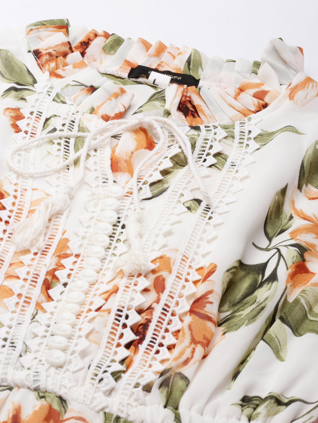 Women's Off White Floral Print Tie-Up Neck Fit & Flare Dress