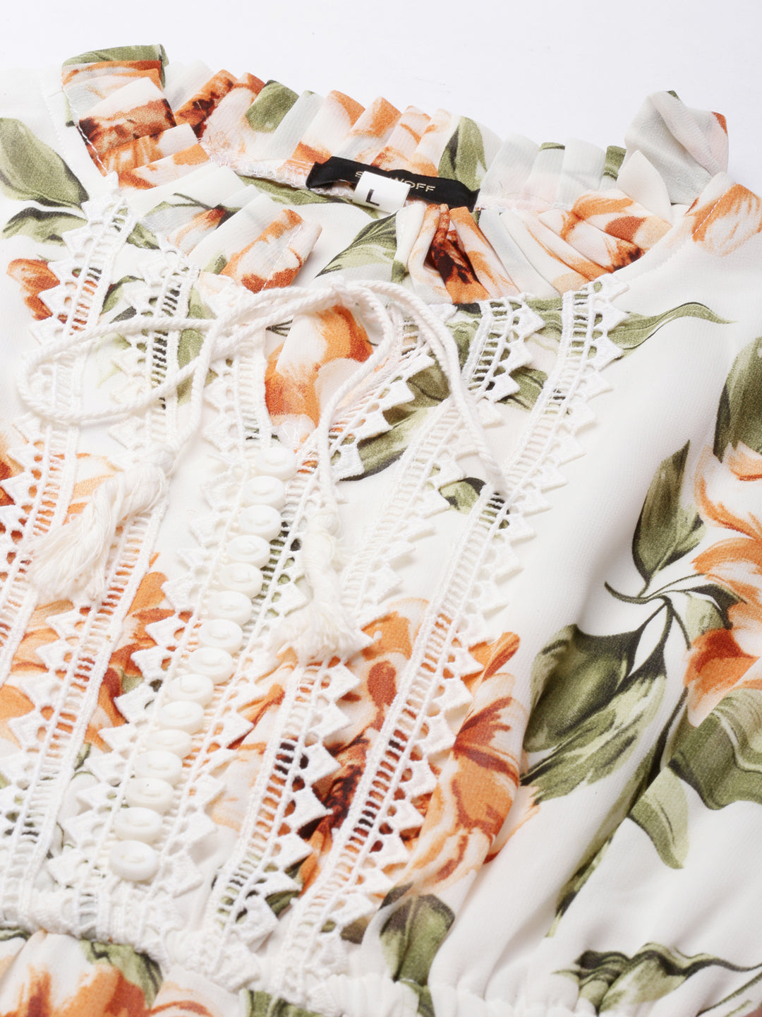 Women's Off White Floral Print Tie-Up Neck Fit & Flare Dress