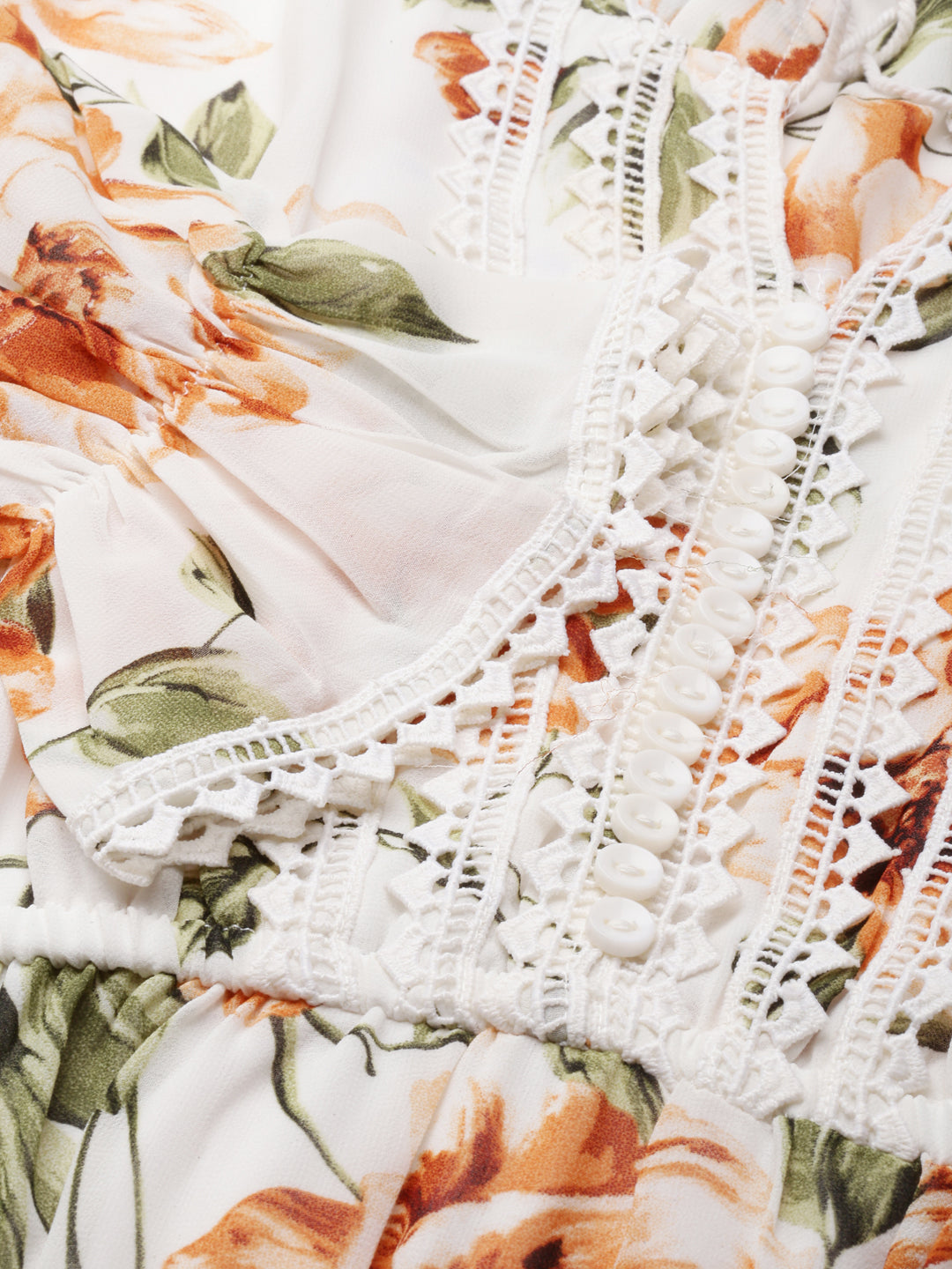 Women's Off White Floral Print Tie-Up Neck Fit & Flare Dress