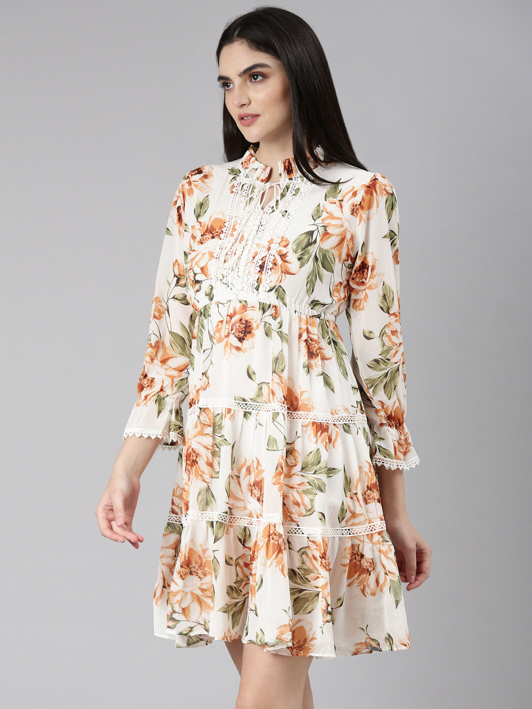 Women's Off White Floral Print Tie-Up Neck Fit & Flare Dress